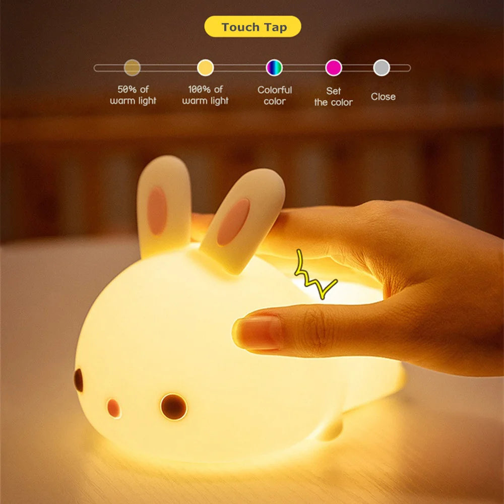 Touch Sensor RGB LED Rabbit Night Light - 16 Colors, USB Rechargeable Silicone Lamp for Kids & Gifts