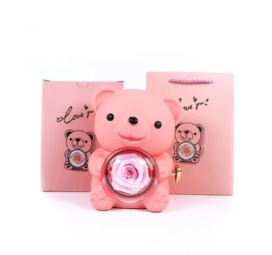 Rose Hugging Bear Gift Box – Engraved Necklace & Rotating Eternal Rose for Women’s Birthday