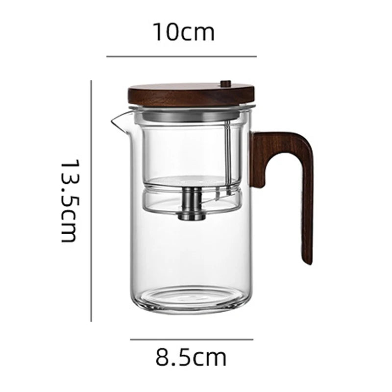 Water Separation Teapot – One-Click Magnetic Switch, Glass with Wood Handle & Tea Filtration