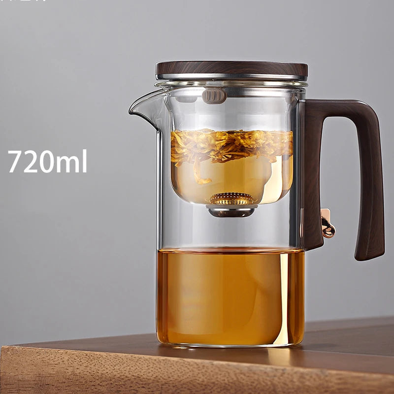 Water Separation Teapot – One-Click Magnetic Switch, Glass with Wood Handle & Tea Filtration