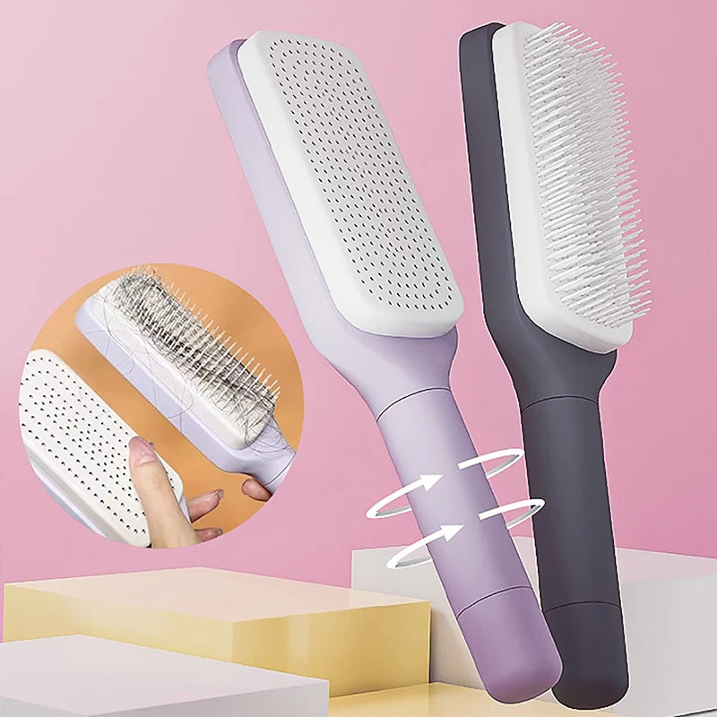 Self-Cleaning Hairbrush – One-Key Cleanup, Anti-Static, and Scalp Massage in One!