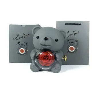 Rose Hugging Bear Gift Box – Engraved Necklace & Rotating Eternal Rose for Women’s Birthday