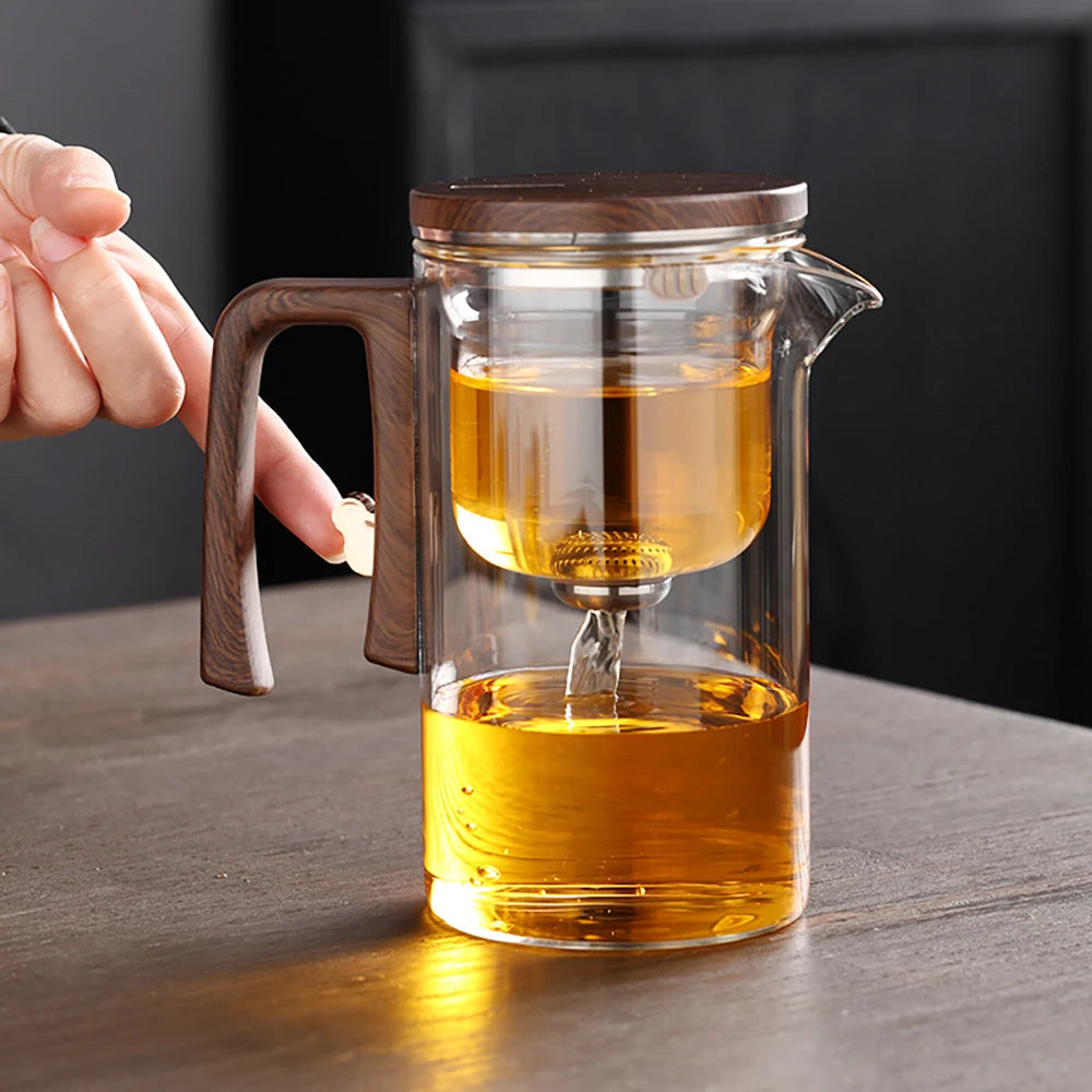 Water Separation Teapot – One-Click Magnetic Switch, Glass with Wood Handle & Tea Filtration