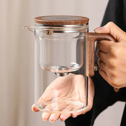 Water Separation Teapot – One-Click Magnetic Switch, Glass with Wood Handle & Tea Filtration