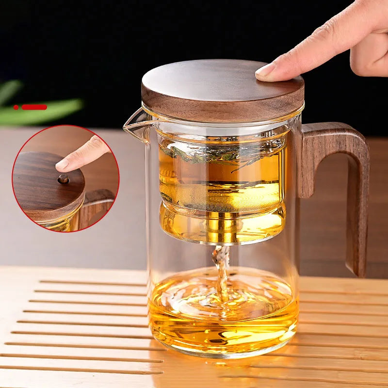 Water Separation Teapot – One-Click Magnetic Switch, Glass with Wood Handle & Tea Filtration