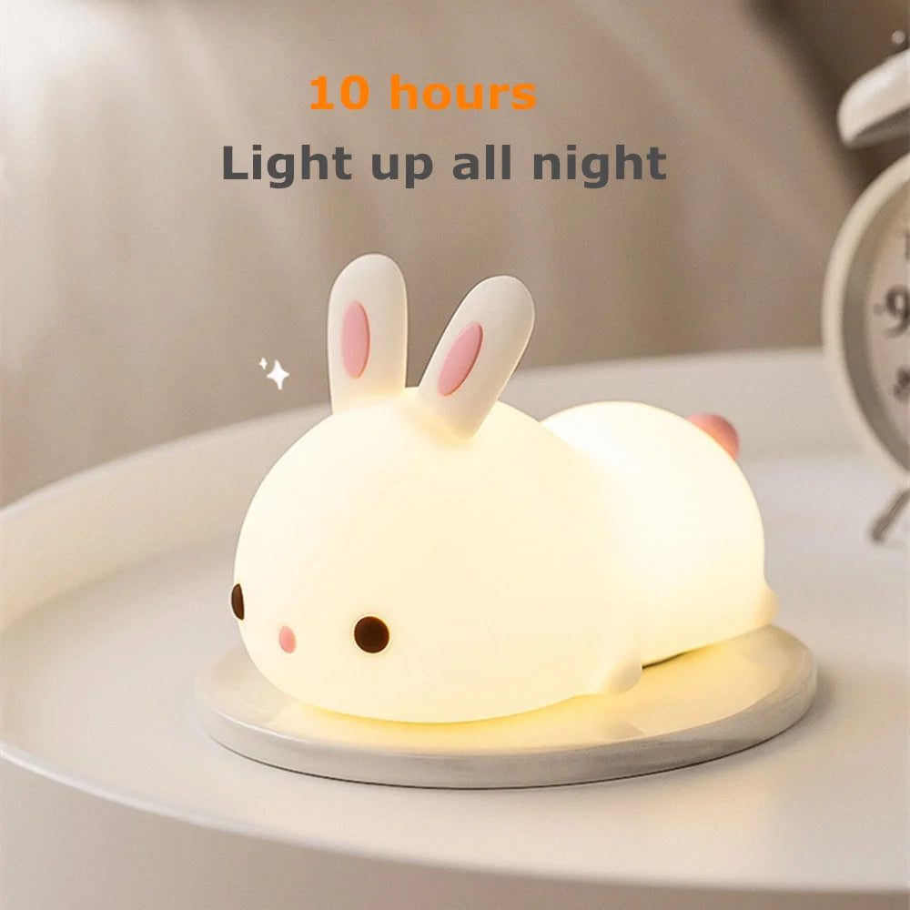 Touch Sensor RGB LED Rabbit Night Light - 16 Colors, USB Rechargeable Silicone Lamp for Kids & Gifts