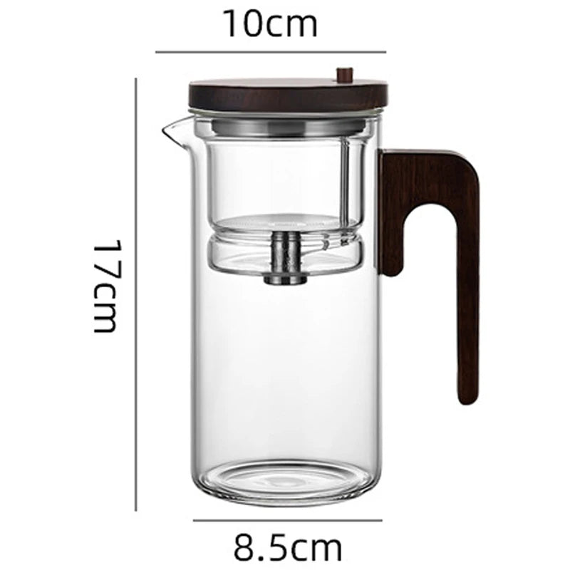 Water Separation Teapot – One-Click Magnetic Switch, Glass with Wood Handle & Tea Filtration