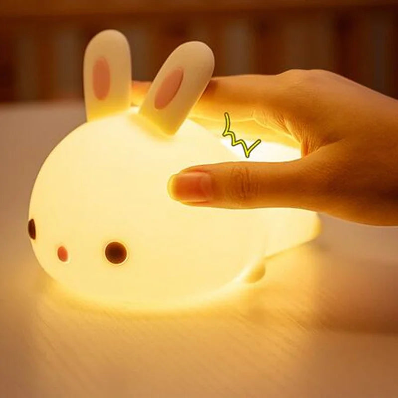 Touch Sensor RGB LED Rabbit Night Light - 16 Colors, USB Rechargeable Silicone Lamp for Kids & Gifts