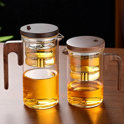 Water Separation Teapot – One-Click Magnetic Switch, Glass with Wood Handle & Tea Filtration