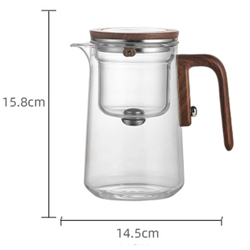 Water Separation Teapot – One-Click Magnetic Switch, Glass with Wood Handle & Tea Filtration