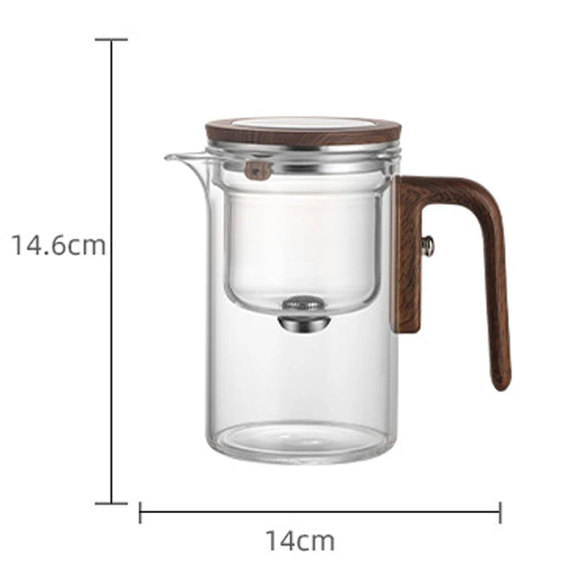 Water Separation Teapot – One-Click Magnetic Switch, Glass with Wood Handle & Tea Filtration