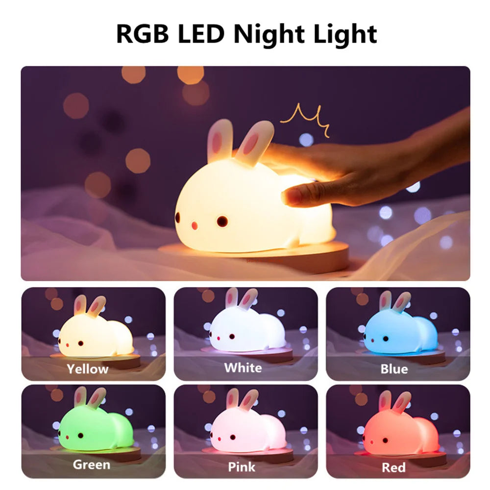 Touch Sensor RGB LED Rabbit Night Light - 16 Colors, USB Rechargeable Silicone Lamp for Kids & Gifts