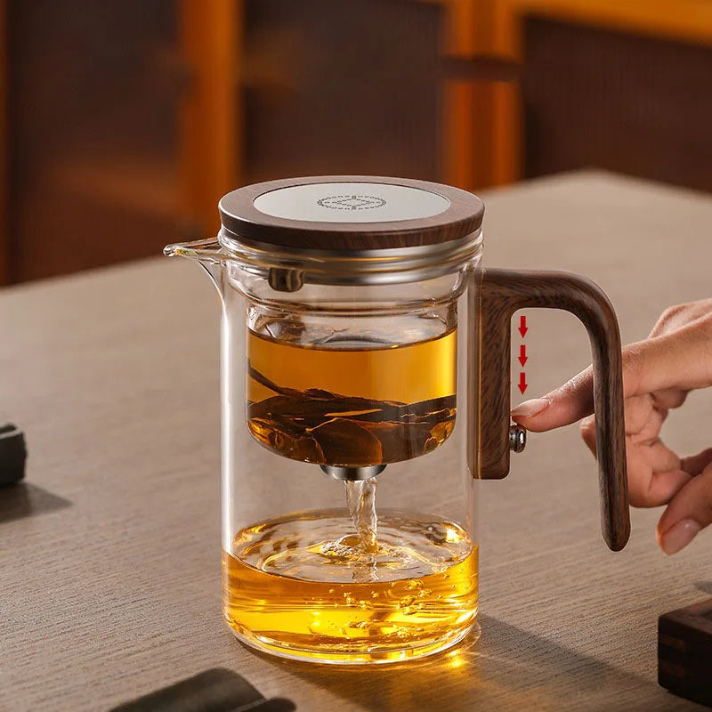 Water Separation Teapot – One-Click Magnetic Switch, Glass with Wood Handle & Tea Filtration