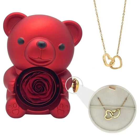 Rose Hugging Bear Gift Box – Engraved Necklace & Rotating Eternal Rose for Women’s Birthday