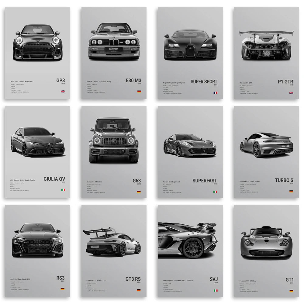 Famous Cars Canvas Art – R8, RS3, M3, M5, G63, F40, STO Posters for Home Decor (Unframed)