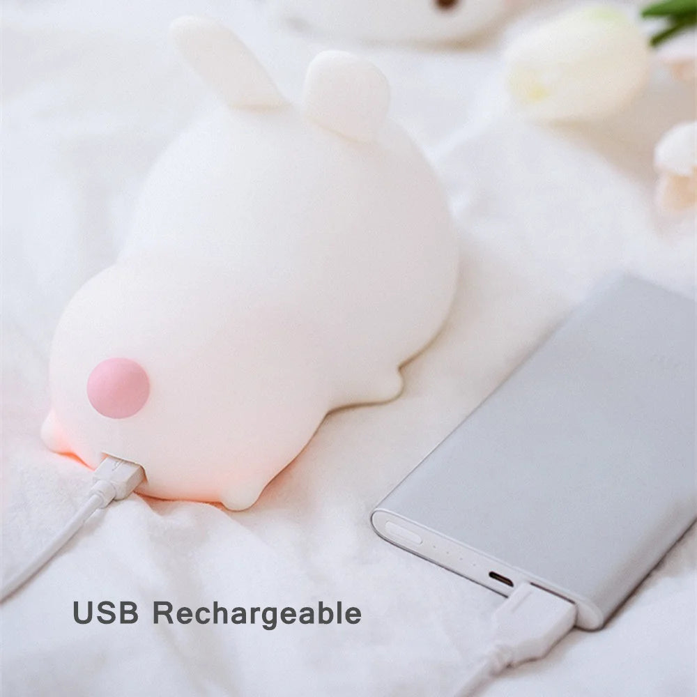 Touch Sensor RGB LED Rabbit Night Light - 16 Colors, USB Rechargeable Silicone Lamp for Kids & Gifts