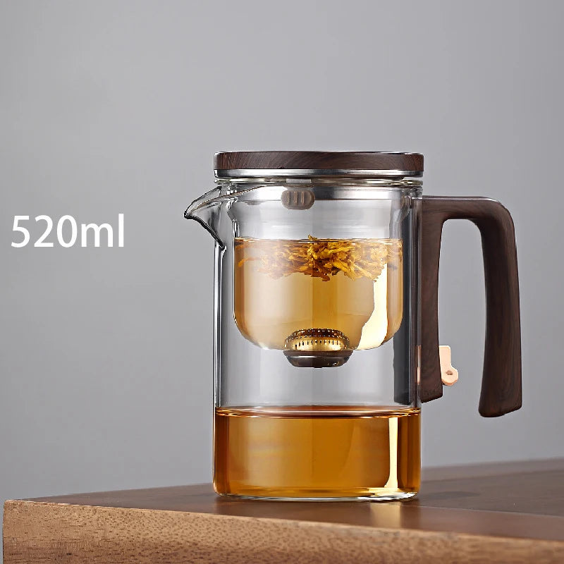 Water Separation Teapot – One-Click Magnetic Switch, Glass with Wood Handle & Tea Filtration