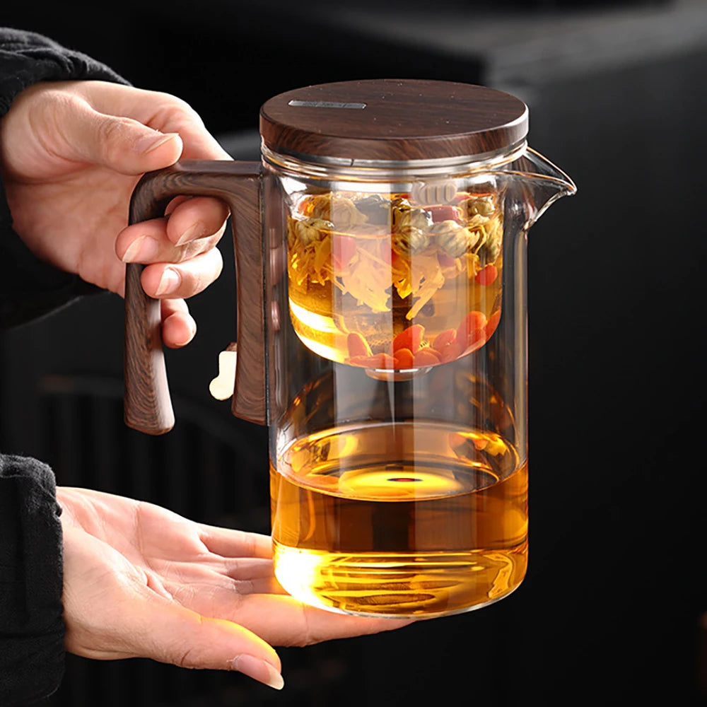 Water Separation Teapot – One-Click Magnetic Switch, Glass with Wood Handle & Tea Filtration